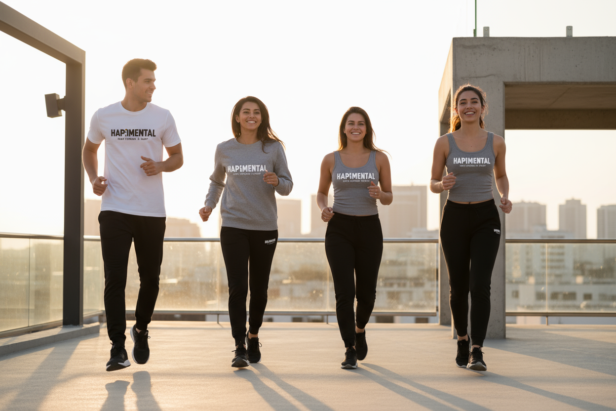 simple, motivational, inspirational, action driven, image for casual wear like tshirts, sweatpants, crewneck, and tank-tops using hapimental as the logo